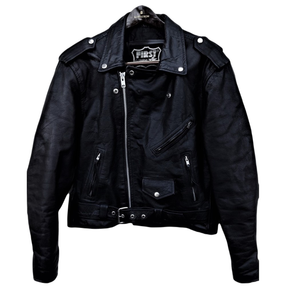 First Genuine Leather Black & Chrome Motorcycle Biker Jacket Mens Size 42 Large